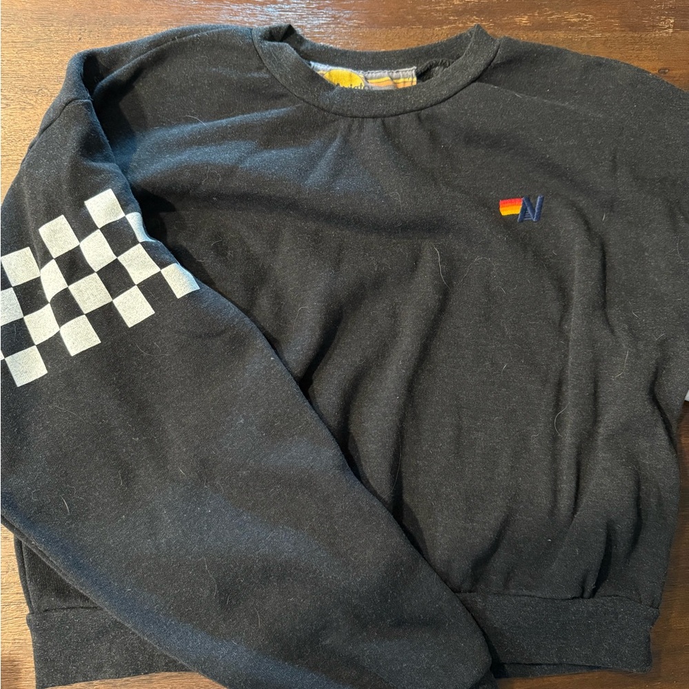 Aviator Nation Black Crewneck with Checkered Sleeve